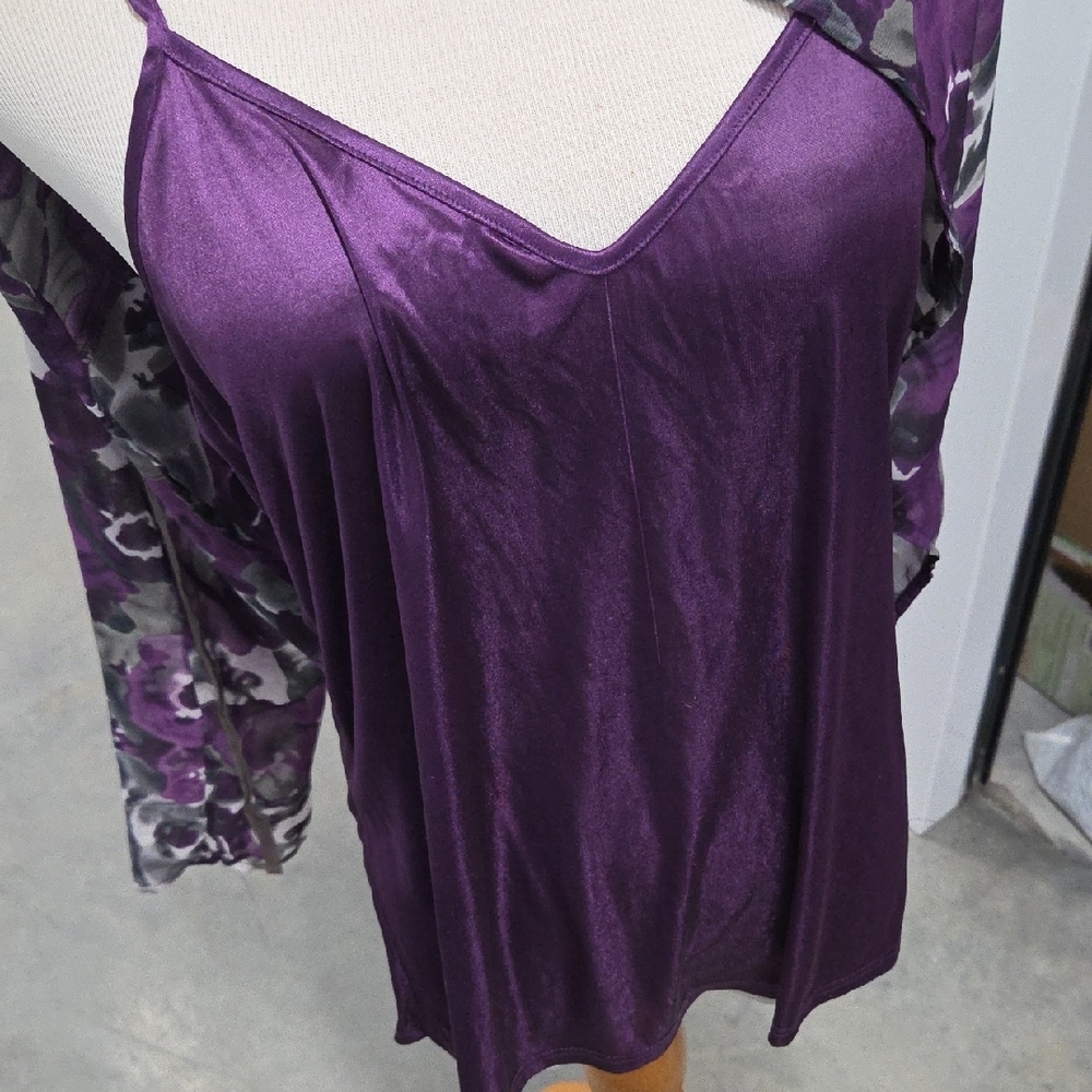 Avon Purple Gray Floral Long-Sleeve Blouse - Picture 6 of 6
